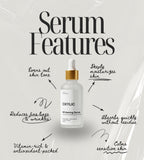 Oxylic serum bottle with features listed on a light gray background