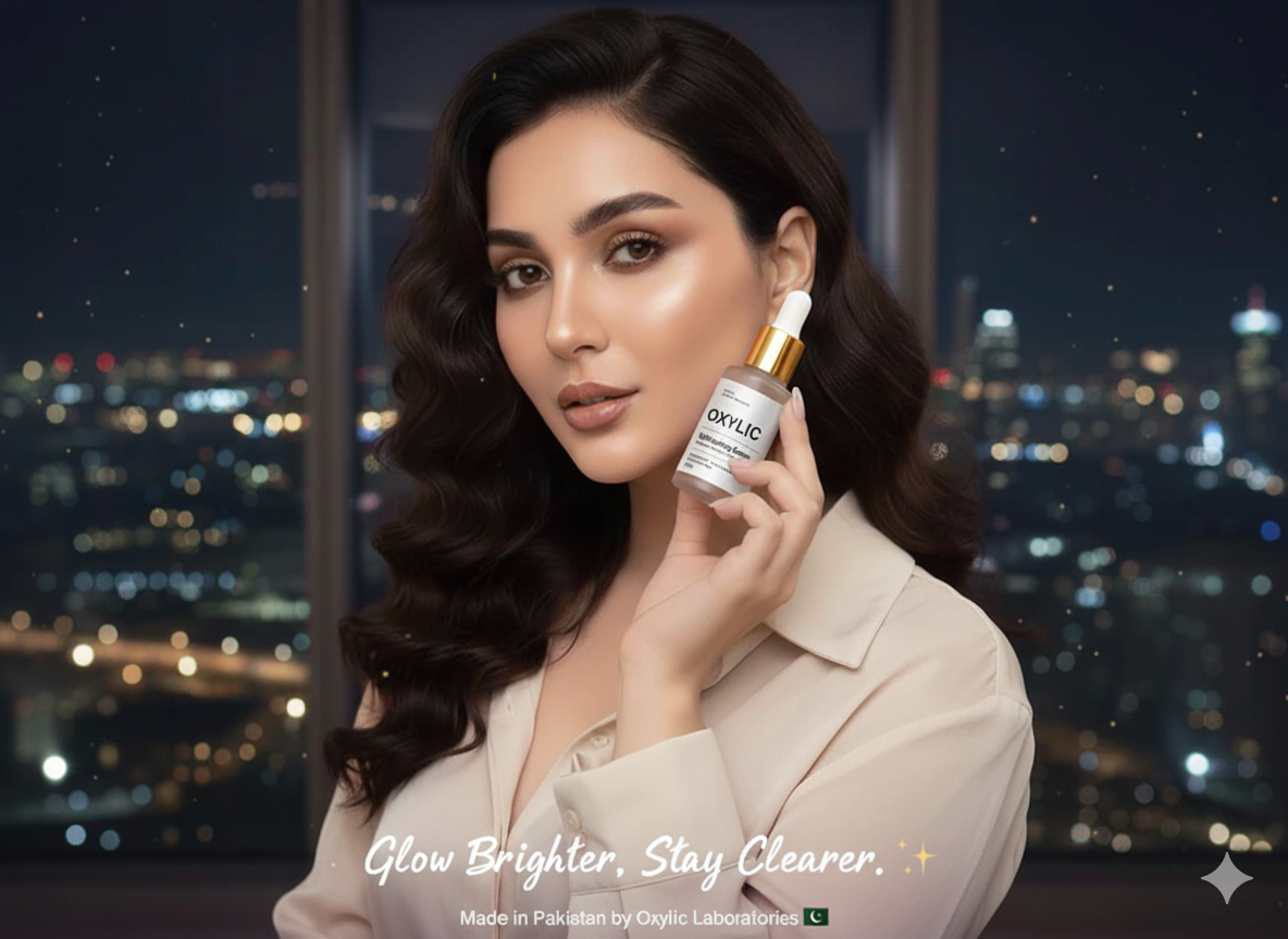 Woman holding a skincare bottle with a cityscape background