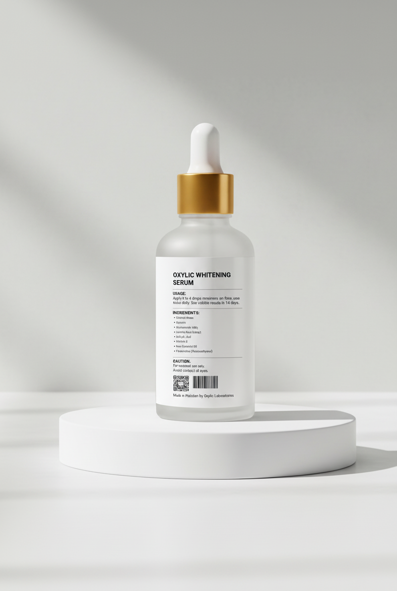 Skincare serum bottle with dropper on a white pedestal against a light gray background